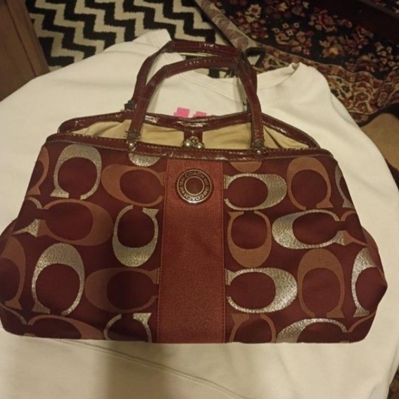 Coach Handbags - Coach Maroon Signature Frame Shoulder Bag with Cream Interior